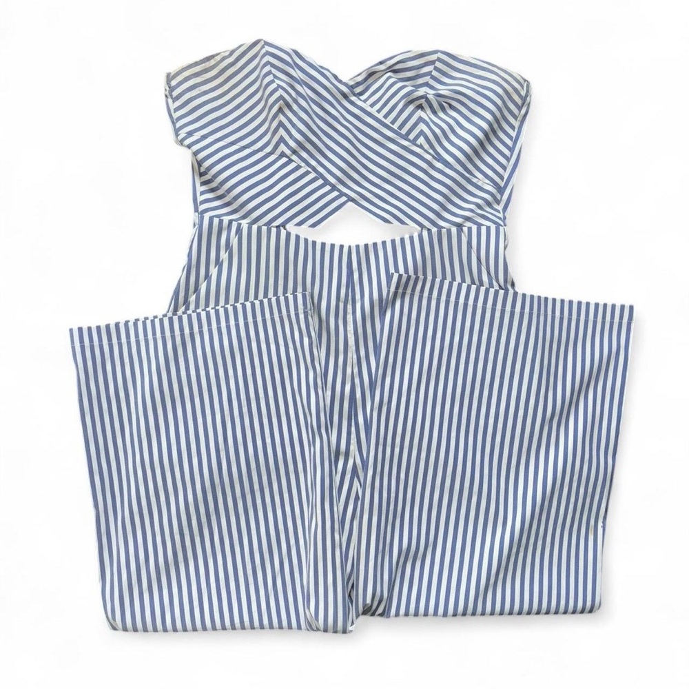 Forever 21, Blue & White Striped Jumpsuit with Sweetheart Neckline